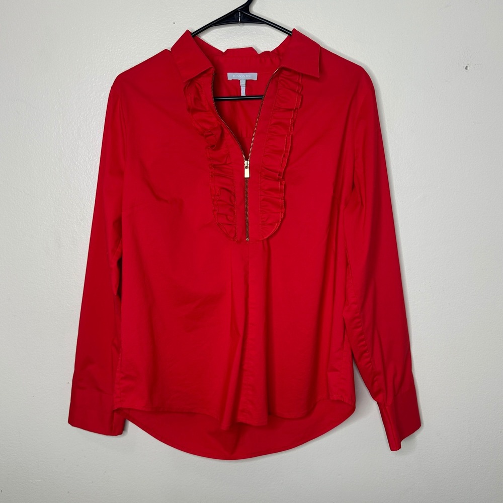 Hinson Wu Madison Blouse Red Ruffle Zip Front Long Sleeve size Medium